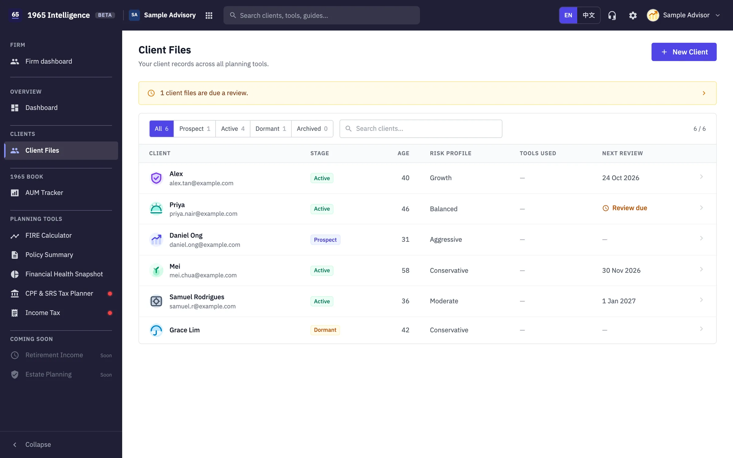 Client files list with stages, risk profiles and review dates for sample clients