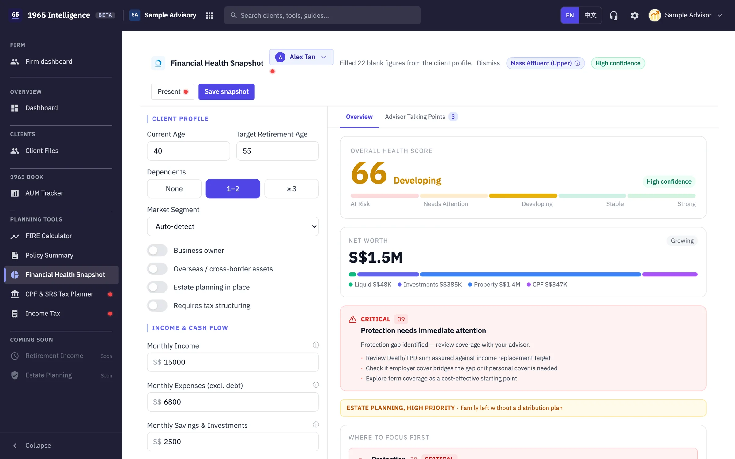 Financial Health Snapshot scoring a sample client 66 out of 100, with net worth and a critical protection gap