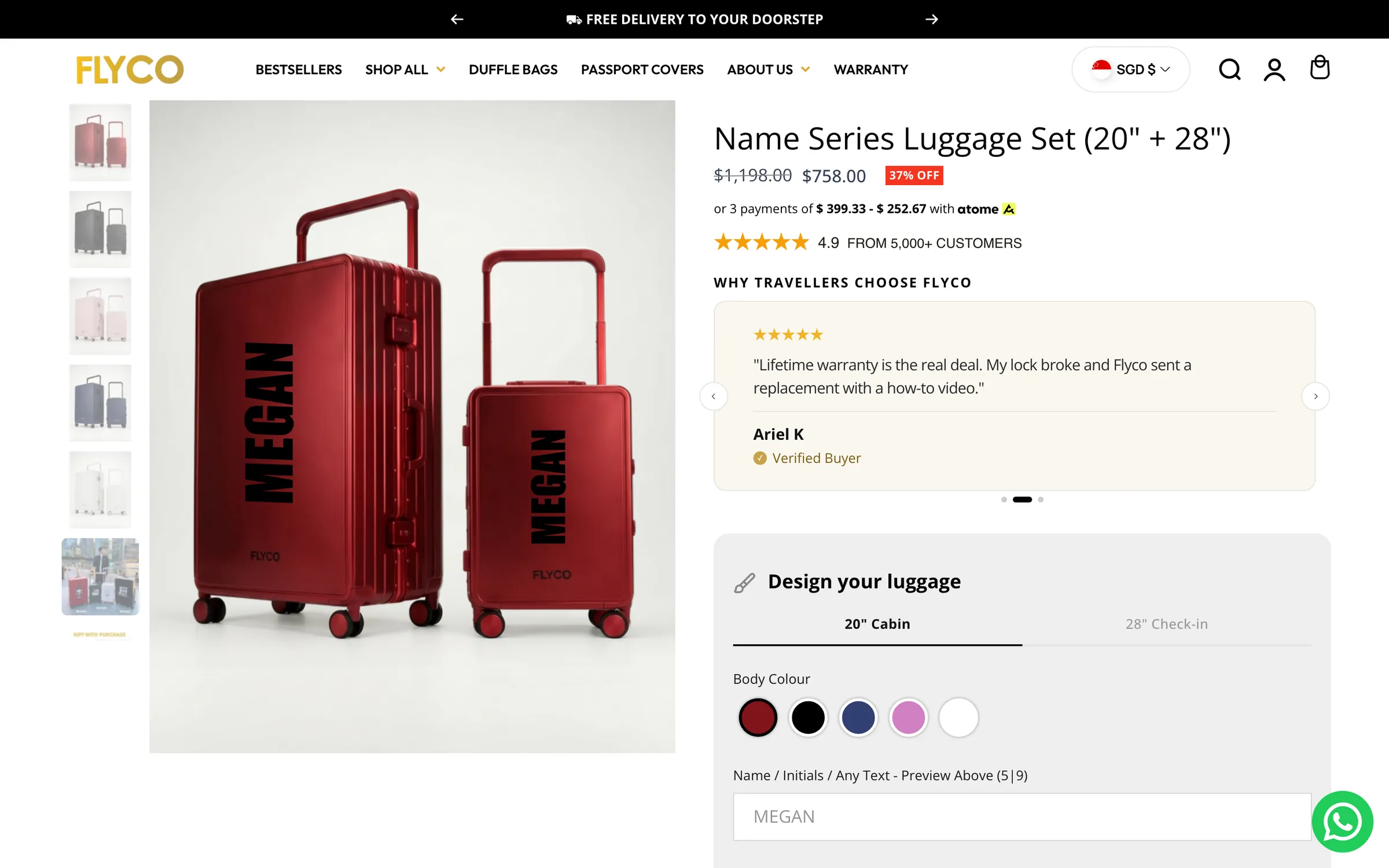 Bundle product page with the Design your luggage personaliser for name and colour