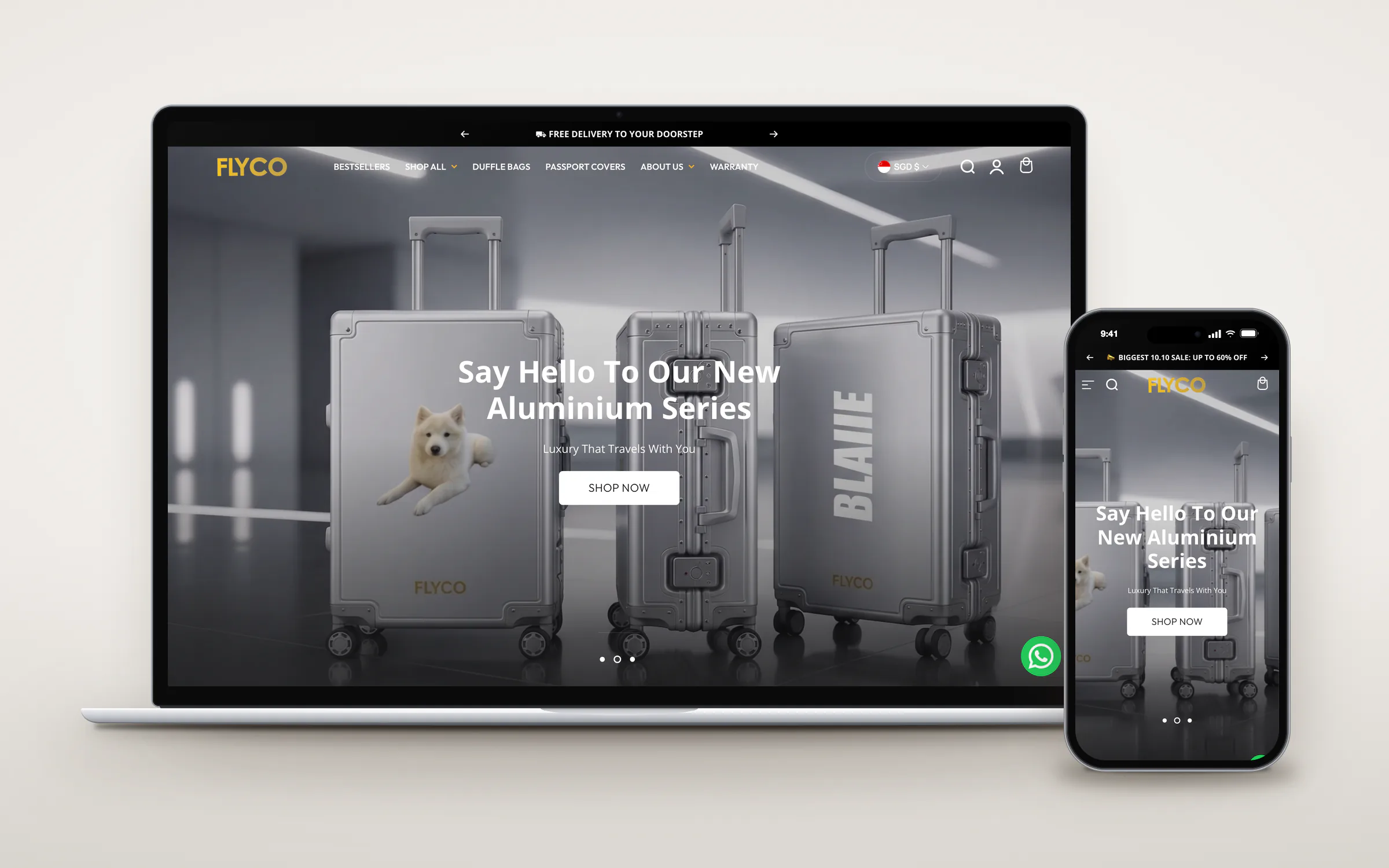 FLYCO Singapore Shopify store shown on a laptop and a phone