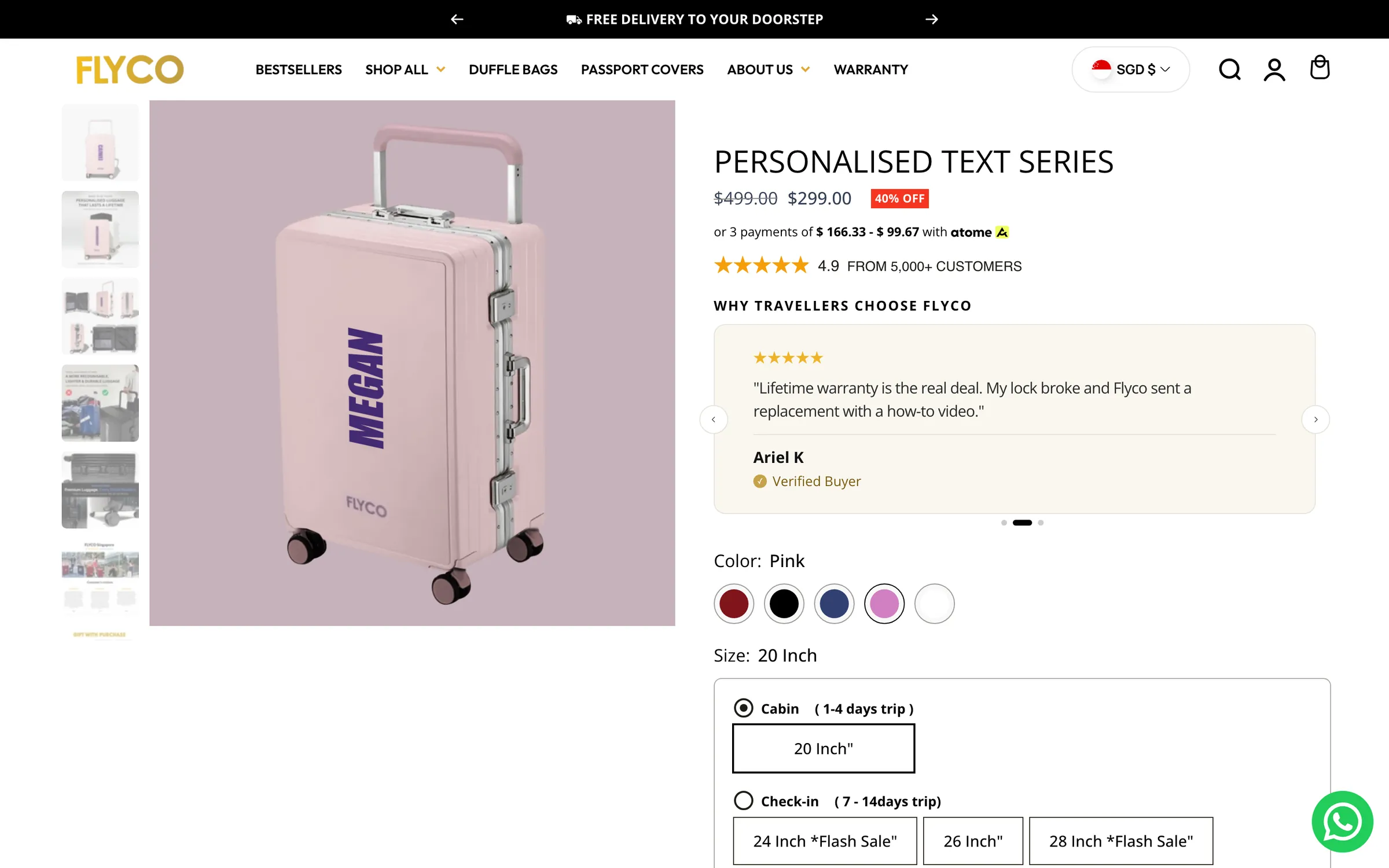 Personalised text series product page with colour and size options