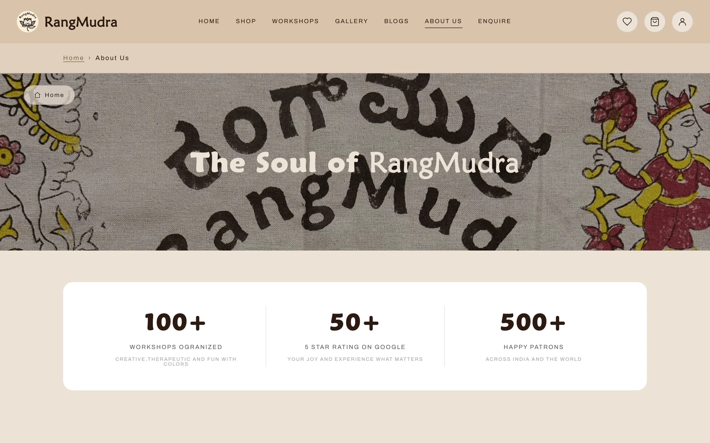 About page with the studio's workshops, Google reviews and patrons