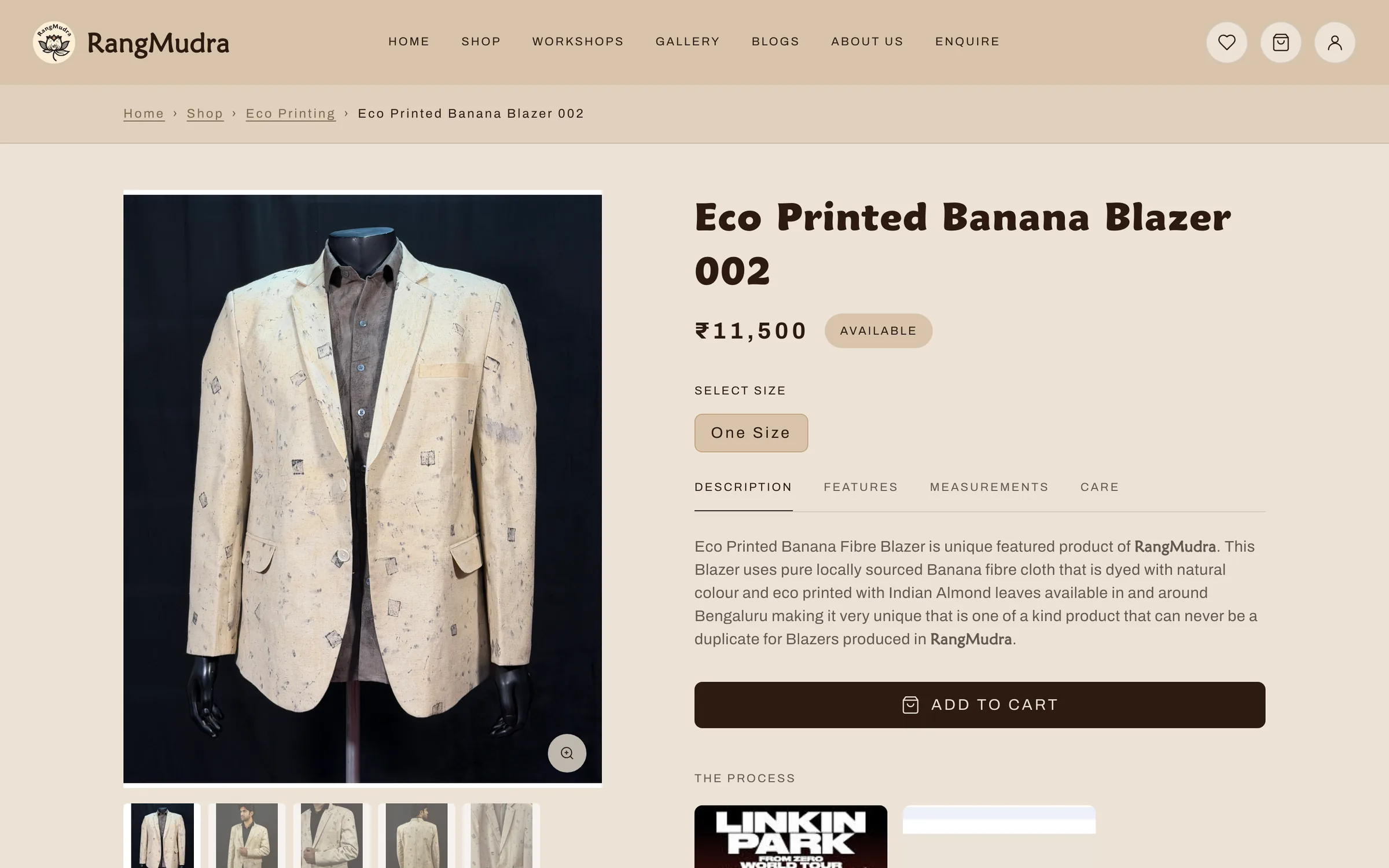 Eco printed banana fibre blazer product page with price, sizes and add to cart