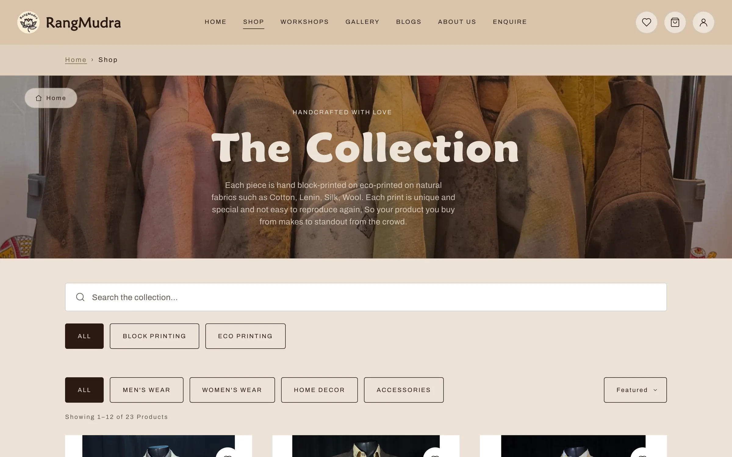 Shop page with search and filters by craft and category