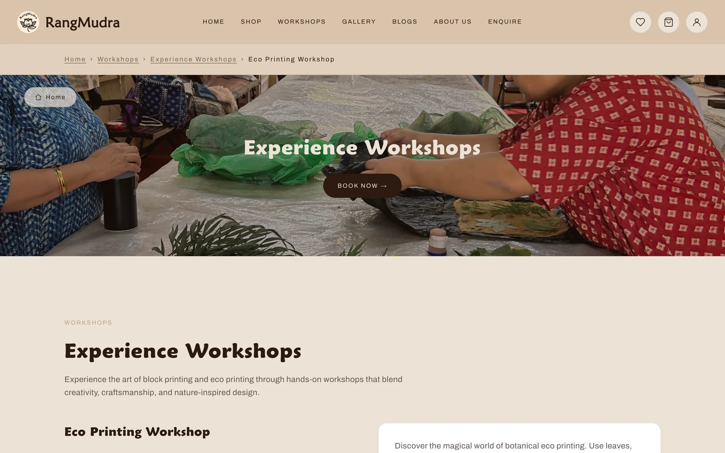 Eco printing workshop detail page with a Book now button