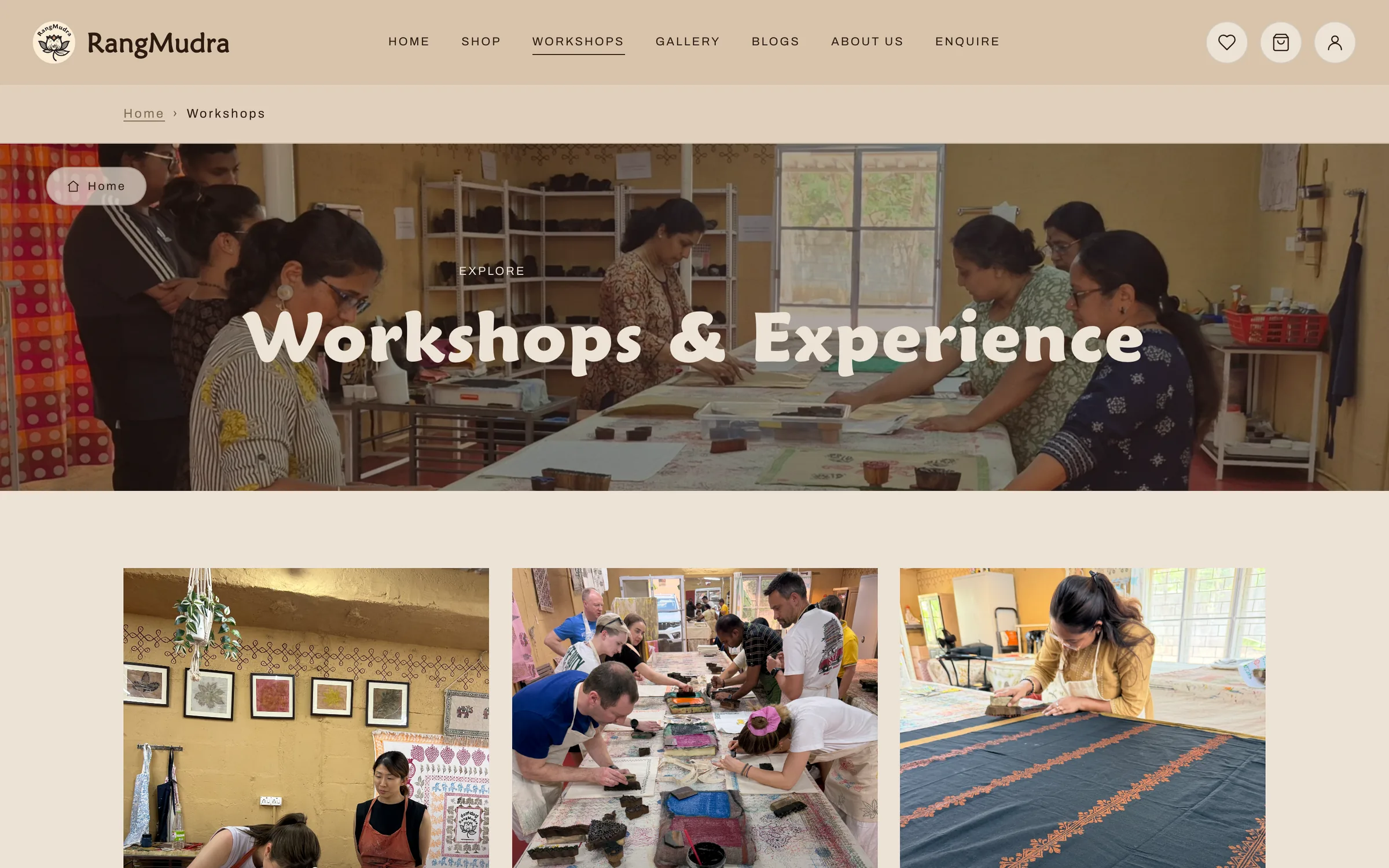 Workshops landing page with experience, corporate and curated formats