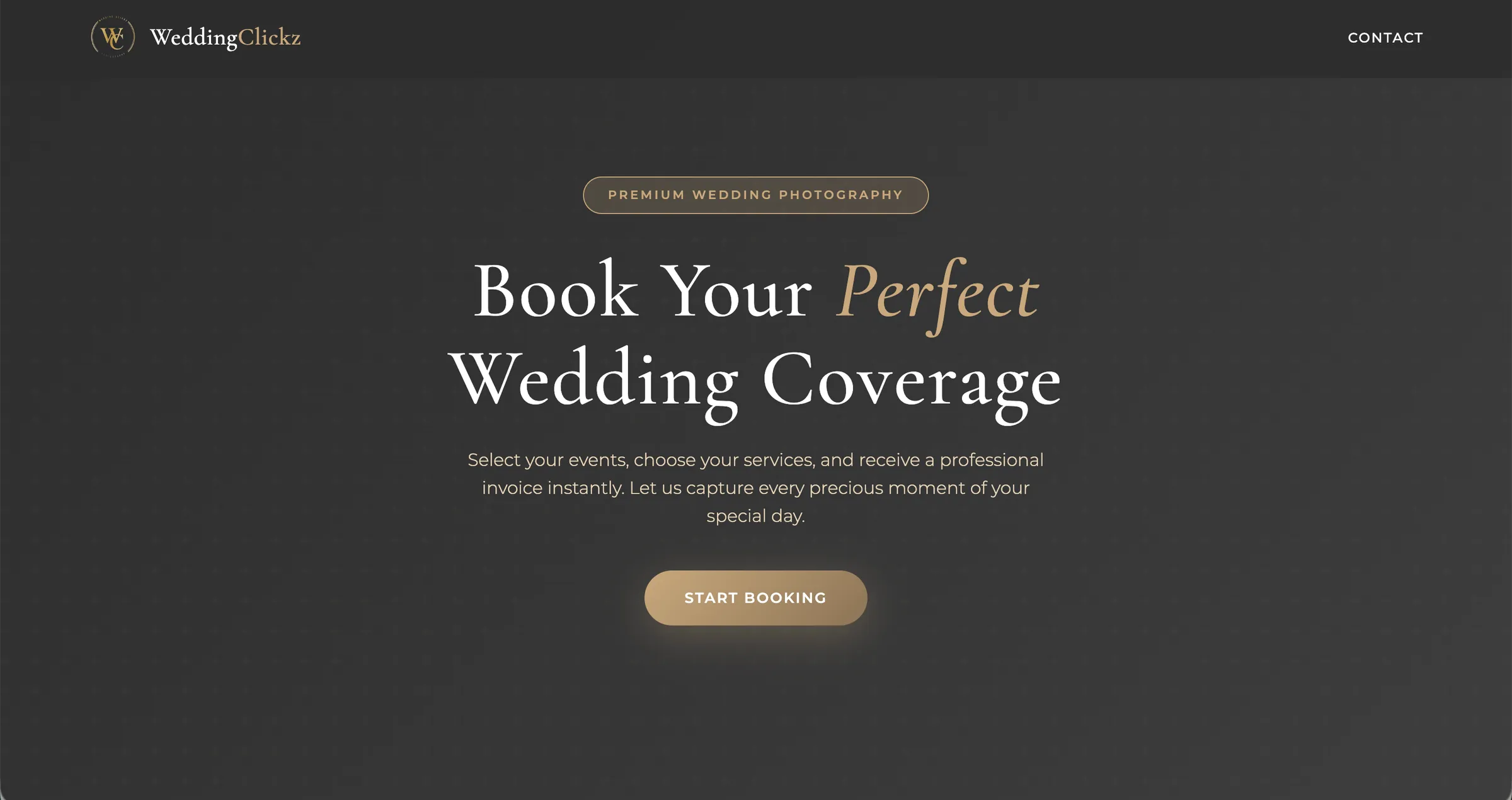 WeddingClickz landing page, Book Your Perfect Wedding Coverage