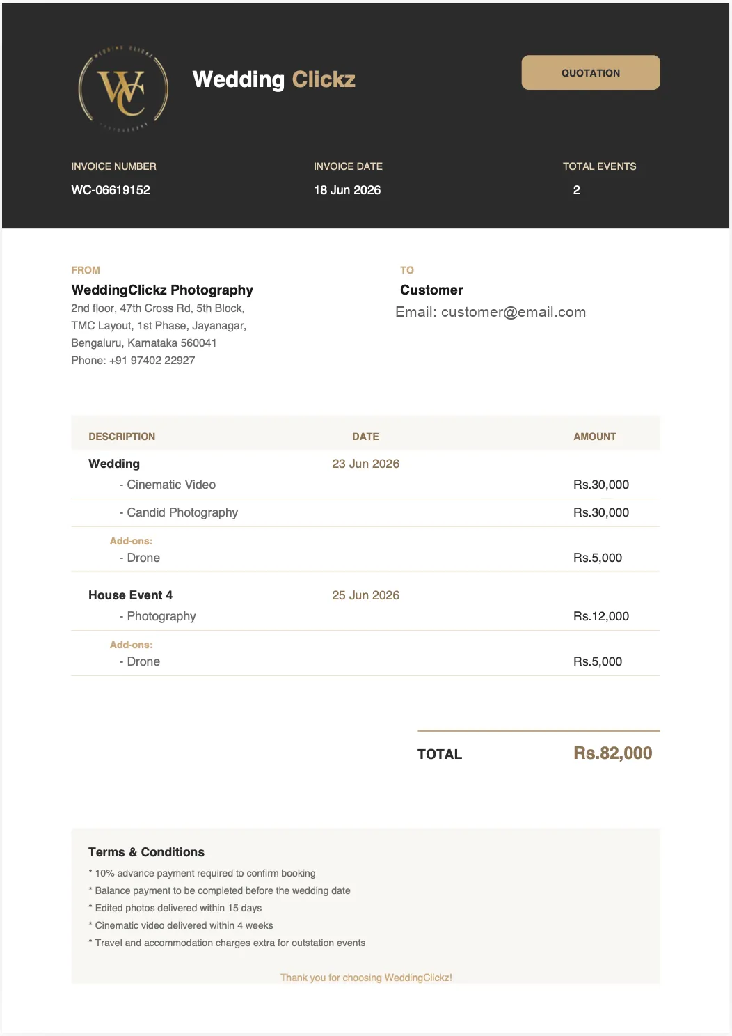 The auto-generated WeddingClickz quotation, emailed to the couple