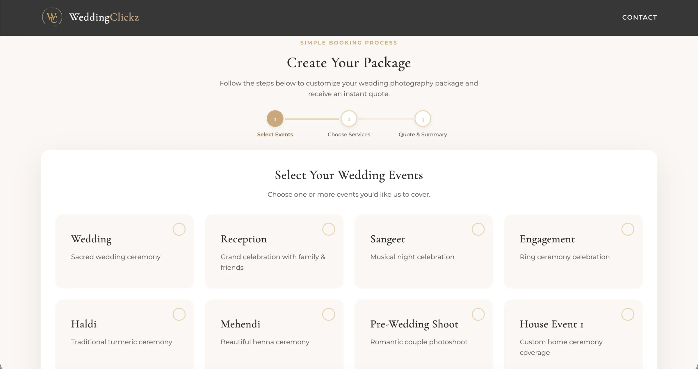 Step 1, selecting the wedding events to cover